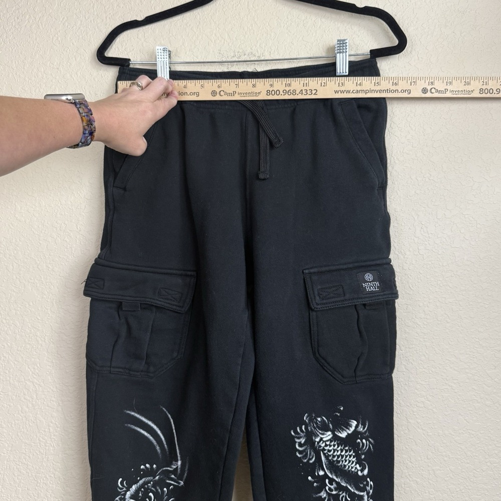 Ninth Hall Koi Fish Graphic Cargo Jogger Sweatpants Black Y2K Streetwear Sz L - Picture 2 of 10